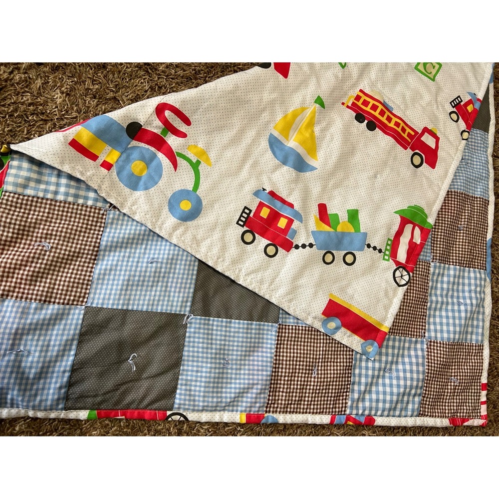 VTG 80s 90s Quilt Baby Blanket Toddler ABC Blocks Train Fire Truck Primary Color